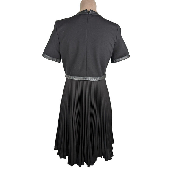 The Kooples Lamb Leather Trim Pleated Black A Line Deep V NWT Mini Dress 38 US 8 - Picture 3 of 10